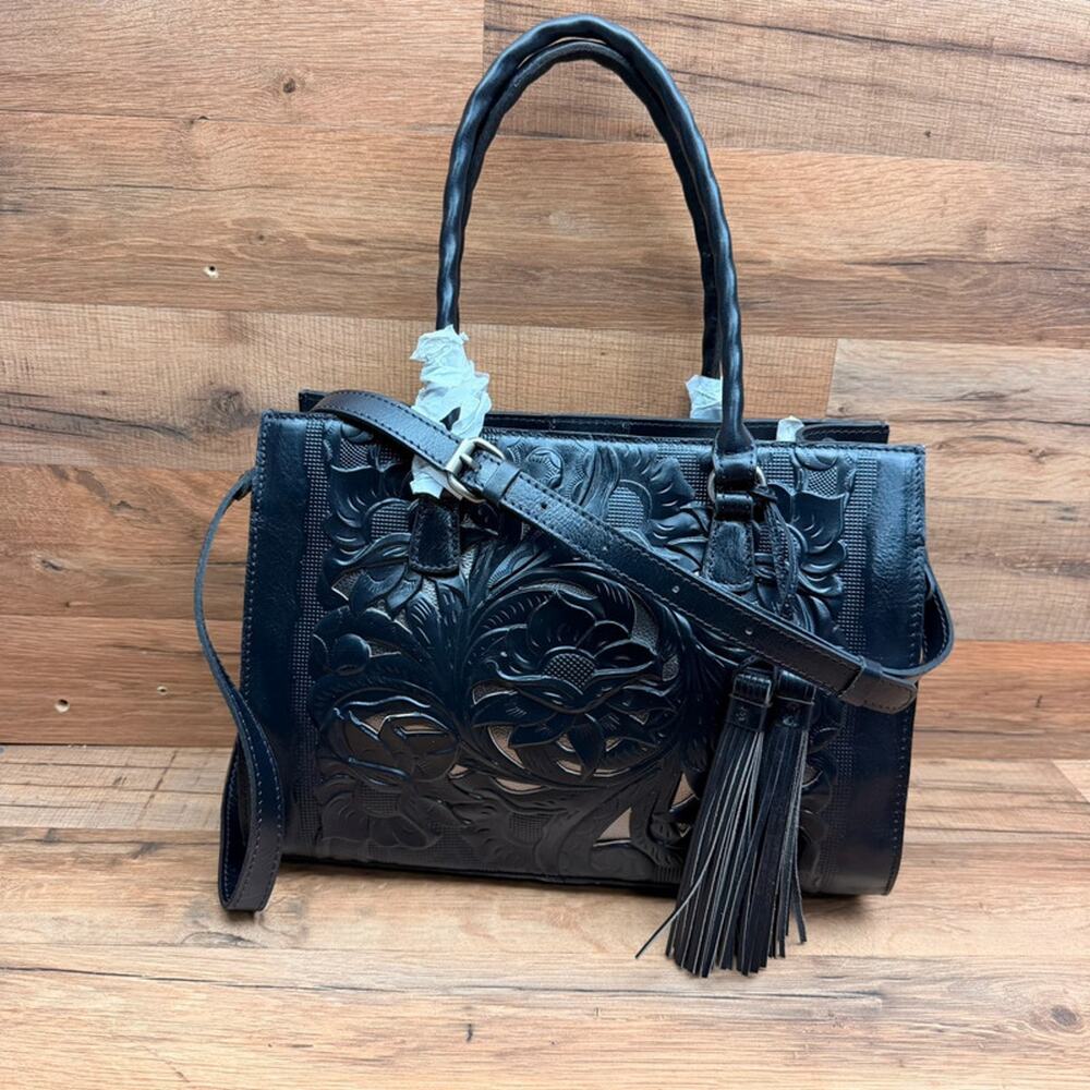 Patricia Nash Leather Primrose Satchel Smoke Tooled Bag  Silvertone